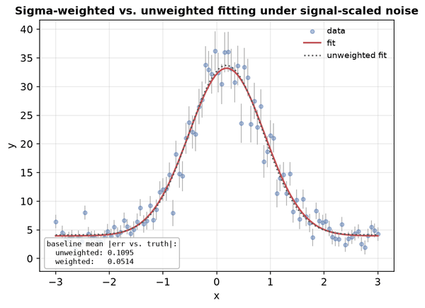 Sigma-weighted vs. unweighted fits under signal-scaled noise
